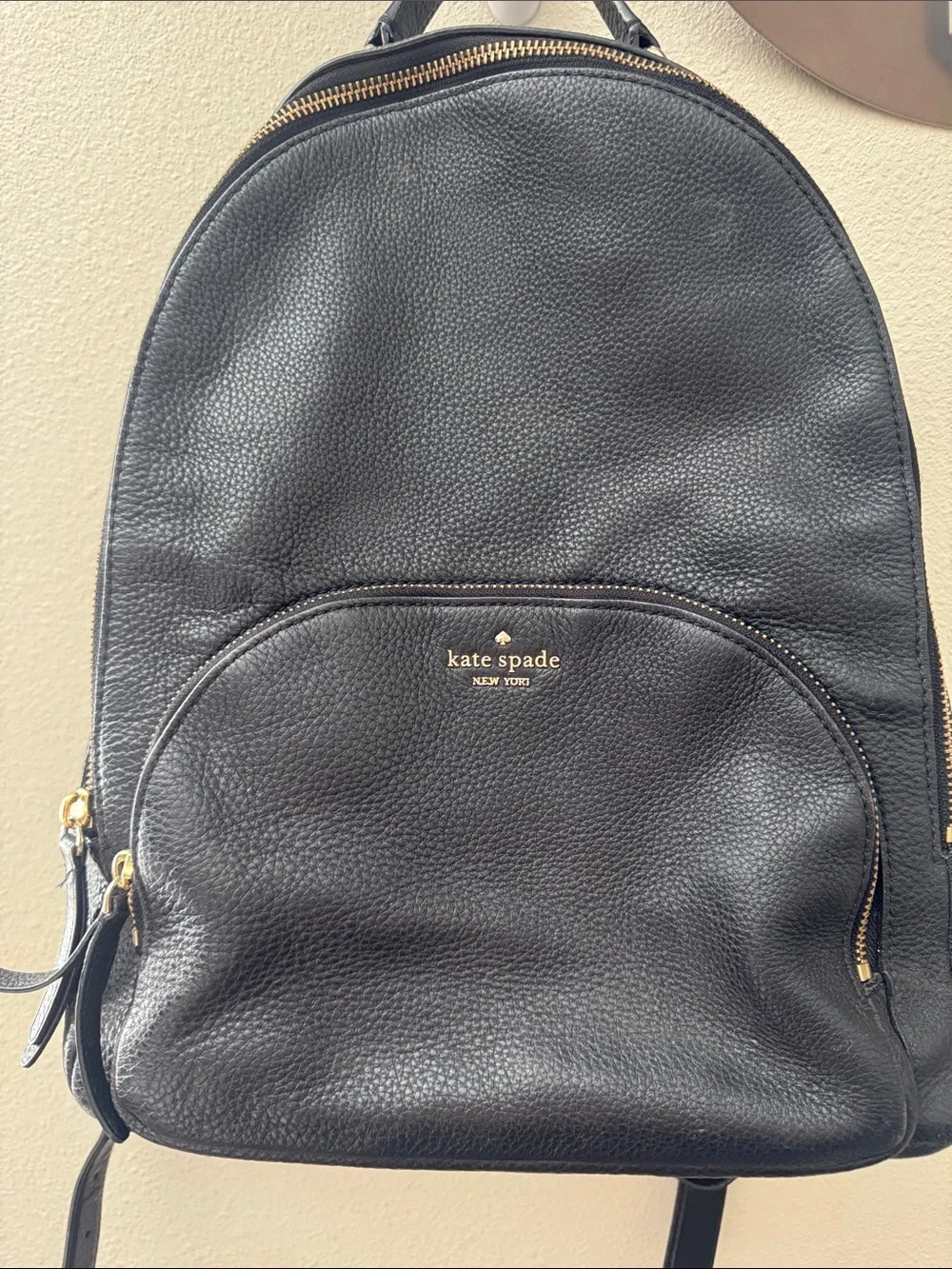 kate spade black leather pebble backpack with gold hardware